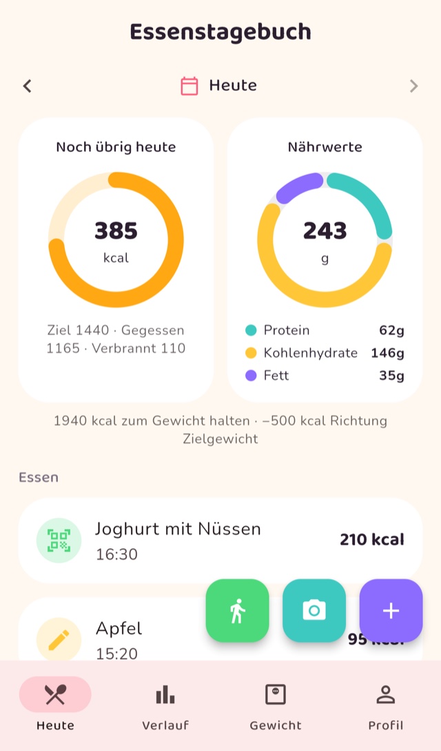 Screenshot der App: Tagesübersicht mit Kalorien-Ring und Nährwerte-Ring