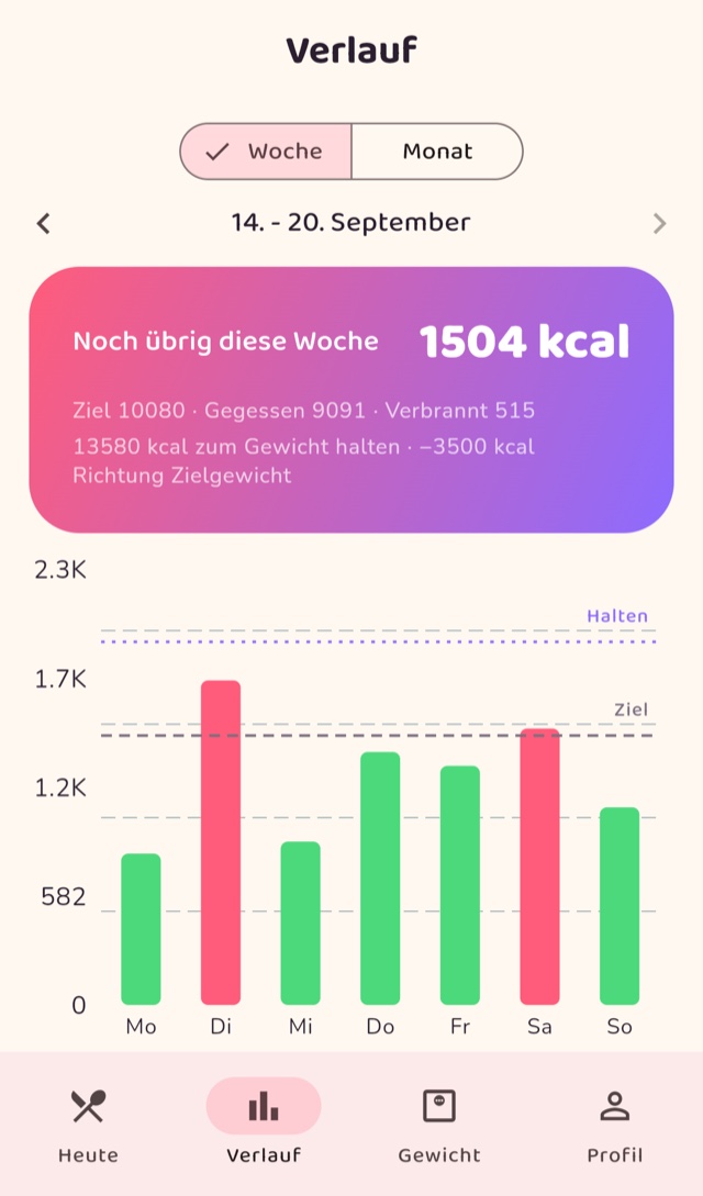 Screenshot: Wochenverlauf mit Balkendiagramm und Tagesziel